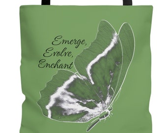 May include: Green tote bag with a butterfly graphic and the text "Emerge, Evolve, Enchant".