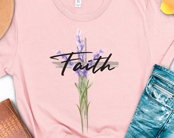 Faith-shirt, bloemenshirt, kruis-t-shirt, t-shirt religieus thema, t-shirt geloof en bloemen, kleding met Faith-thema, spirituele t-shirt