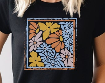 Camiseta floral, camiseta con estampado floral cuadrado, camiseta con estampado floral, camiseta con estampado de margaritas, regalo para ella, camiseta botánica, camiseta floral colorida