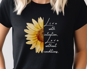 Sonnenblume-T-Shirt, Leben mit Absicht Shirt, Blumen-Design-T-Shirt, Garten-Themen-T-Shirt, Weinlese-Sonnenblumen-t-stück, Grafik-T-Shirt mit Blumenmuster,