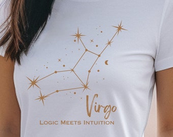 Puede incluir: Camiseta blanca con un diseño de constelación dorada y el texto "Virgo Logic Meets Intuition".