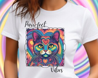 May include: White t-shirt with a colorful cat illustration and the text "Purr-fect Vibes".