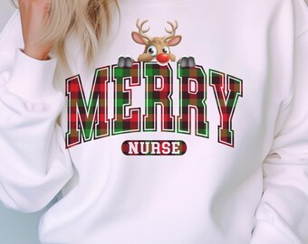 Merry Nurse sweatshirt, plaid Merry Nurse design sweater, Christmas Nurse sweater, Holiday Nurse shirt, Plaid design Nurse Sweater