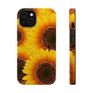 May include: A phone case with a sunflower pattern. The case is black with a clear back that shows a pattern of yellow sunflowers with brown centers.