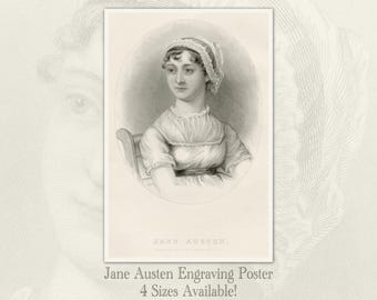 Póster grabado de Jane Austen, regalo / Arte victoriano de 1870 / Autores: Elizabeth Bennet y Mr Darcy / Regencia inglesa clásica / Impresiones en tamaño póster
