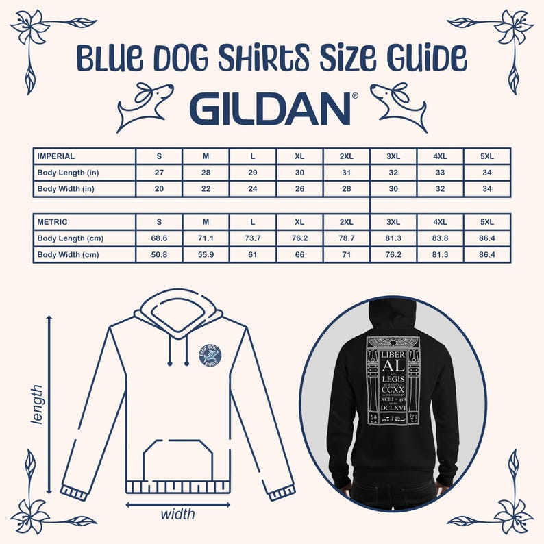 Puede incluir: Una gu&iacute;a de tallas de Blue Dog Shirts, con una tabla de la marca Gildan. La tabla incluye medidas imperiales para la longitud del cuerpo (27-34 pulgadas) y el ancho (20-34 pulgadas). Tambi&eacute;n se proporcionan medidas m&eacute;tricas (longitud 68,6-86,4 cm, ancho 50,8-86,4 cm).
