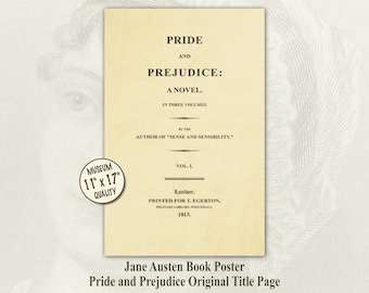 Póster de la página de título original de Orgullo y prejuicio / Primera edición remasterizada de 1813 Arte de Jane Austen / Papel de calidad de museo y tintas de archivo