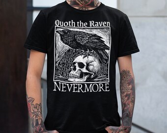 Quoth the Raven Nevermore T-shirt | Edgar Allan Poe Shirt | Gothic Tee | Horror Skull Tshirt | Classic Poem | Woodcut Style Literary Apparel