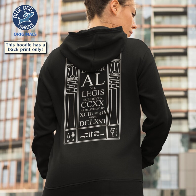 Puede incluir: Sudadera con capucha negra con un gr&aacute;fico blanco en la espalda. El gr&aacute;fico incluye el texto "AL VEL LEGIS SUB FIGVRA CCXX AS DELIVERED BY XCIII = 418 VINTO DCLXVI". La sudadera tiene capucha y mangas largas.