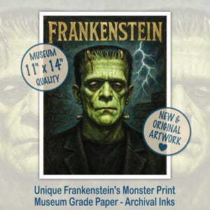 Frankenstein Poster | Vibrant Original Vintage Style Horror Wall Art | Mary Shelley Gothic Home Decor | Halloween Horror Movie Collectible