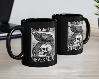 Edgar Allan Poe Raven Skull Mug | Quoth the Raven Nevermore | Gothic Horror Gift | Dark Academia Black 11 Ounce Cup | Classic Poetry Poem