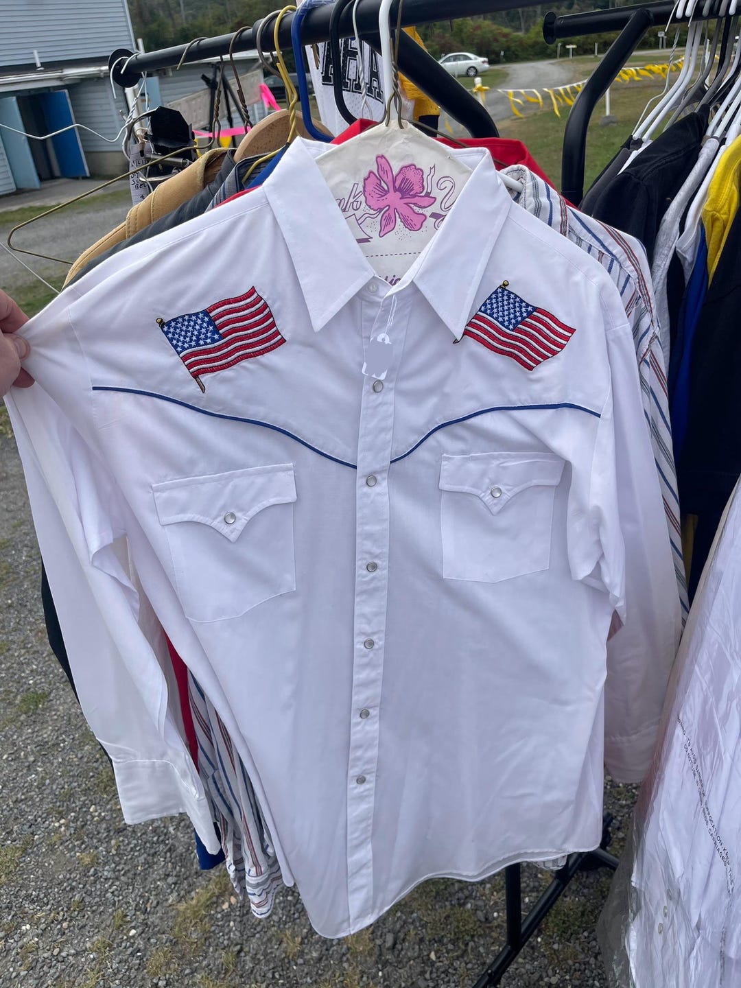 Vintage American Flag Print Western Henley Neck T-shirt