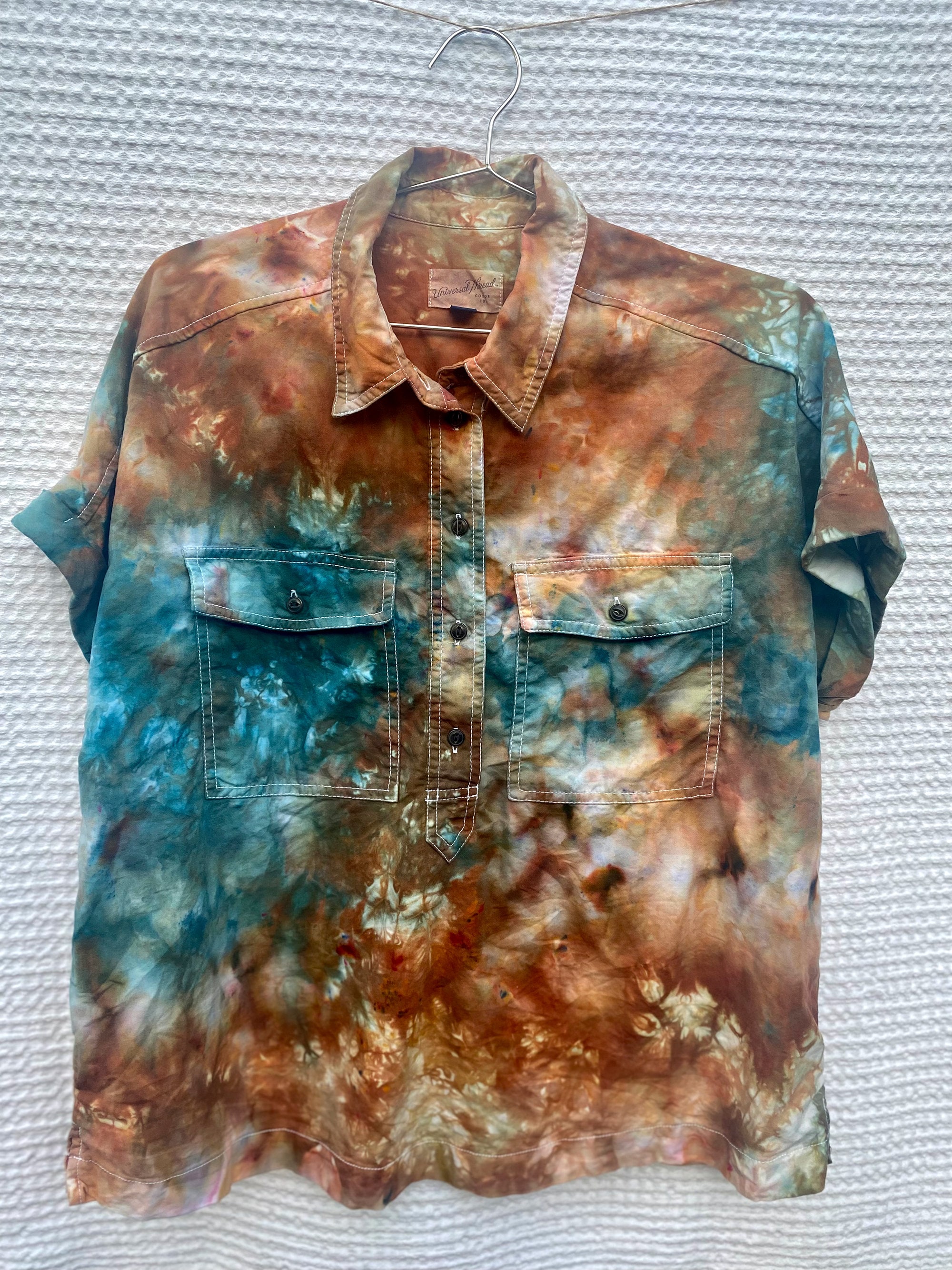 Ice Dye Short Sleeve Button Down Shirt, Brown and Blue Ice Dye Shirt, Ready to Ship, Size M, Collared Short Sleeve Shirt, Hand Dyed Shirt