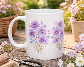 Purple Wildflower Coffee Mug, Floral Ceramic Mug, Botanical Cottagecore Cup, Lavender Flower Mug, Gift for Her, 11oz Tea Mug, Garden Gift
