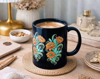 Black Floral Coffee Mug, Boho Flower Tea Cup, Teal Orange Botanical Mug Gift, Cottagecore Kitchen Decor, Unique Ceramic Mug, Floral Art Mug