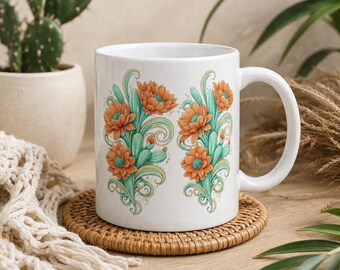 Cactus Flower Mug, Boho Floral Coffee Cup, Desert Botanical Mug, Southwest Aesthetic Gift, Cute Plant Lover Mug
