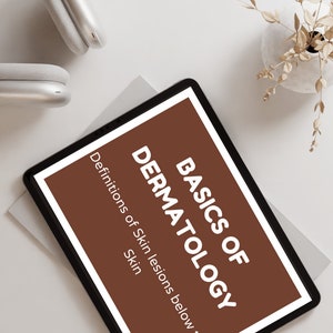May include: A brown tablet with the text "Basics of Dermatology" and "Definitions of skin lesions below the skin" in white text.