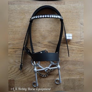 K&ouml;nnte beinhalten: Schwarzes Leder-Pferdehalfter mit einer Reihe klarer Strasssteine am Stirnband und einem silbernen Gebiss mit einem Z&uuml;gel.