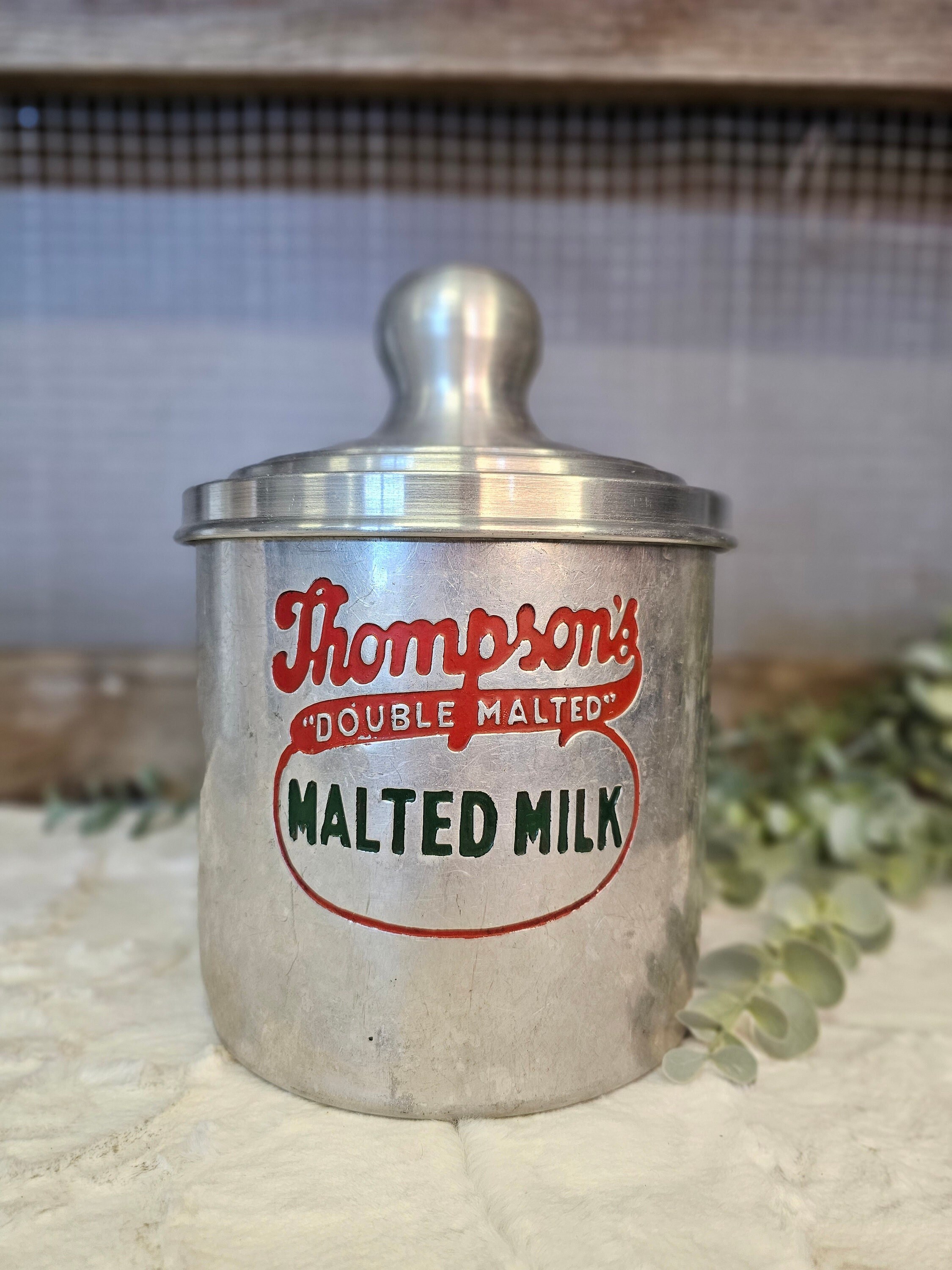 1940s Thompsons Double Malted Milk Container / Antique Dairy Tin