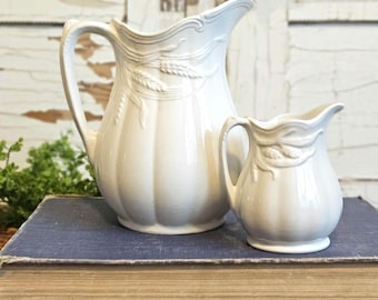 PAIR of Antique Royal Crownford Wheat Pattern Ironstone Pitchers By Arthur Wood England