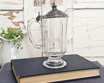 Vintage Clear Glass Pewter Lidded Maple Syrup Decanter / Dispenser / Pitcher