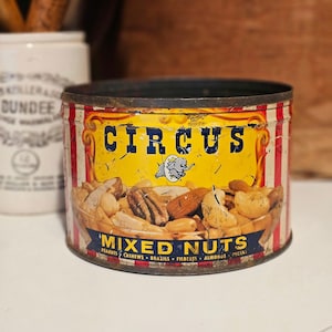 1957 CIRCUS Mixed Nuts Tin / Collectible Advertising Tin