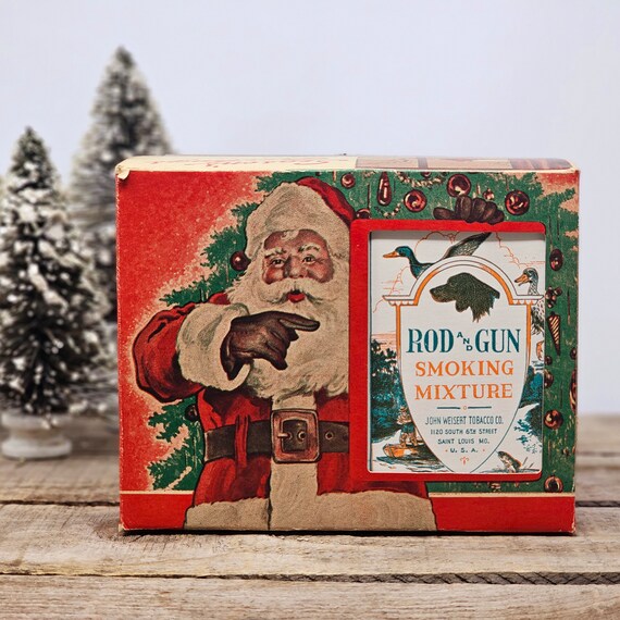 RARE Rod and Gun 1940s Santa Claus CHRISTMAS Tobacco Box / Complete Dog  Version