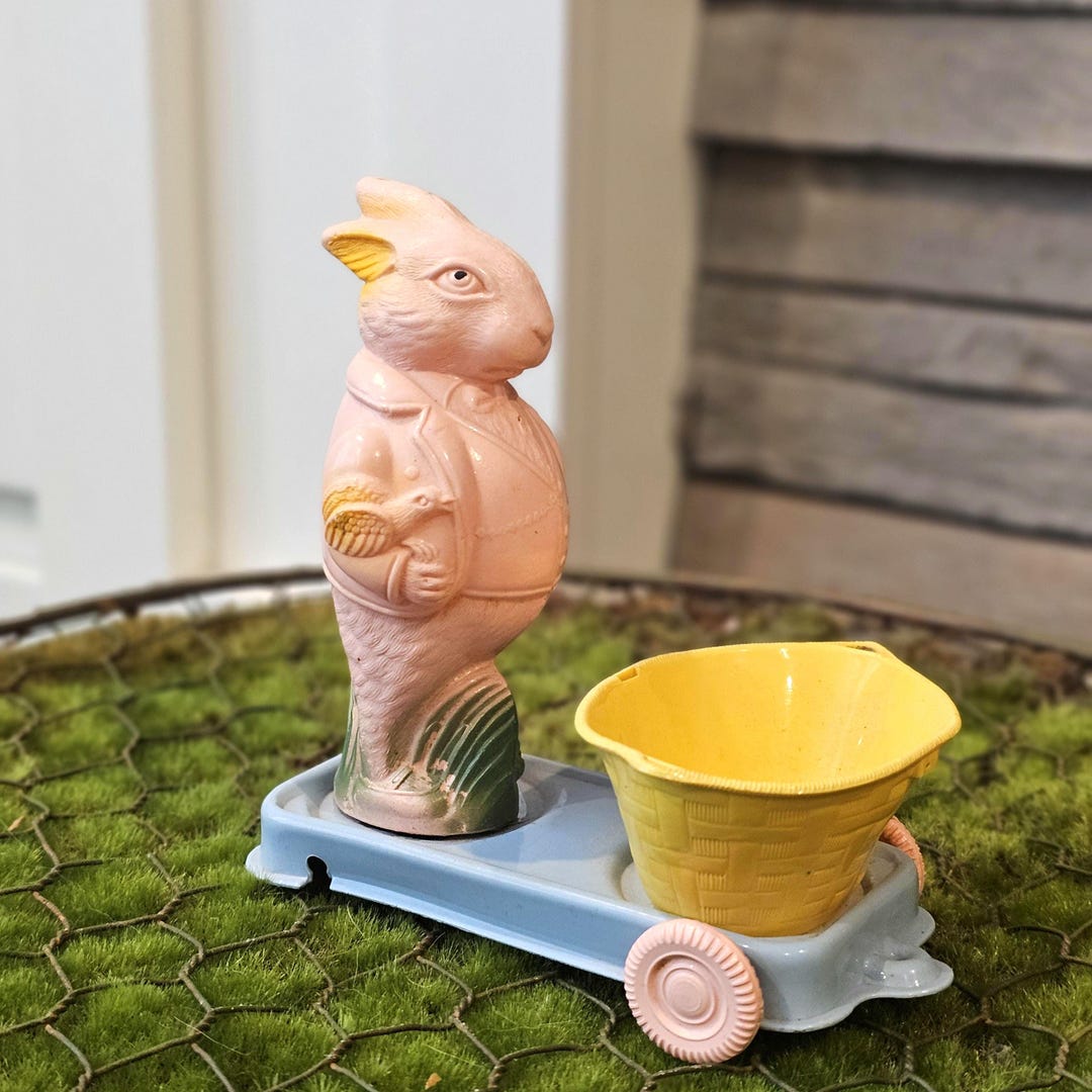 Viscoloid Roly Poly Rabbit Antique 1920s Viscoloid Easter Rabbit With Cart Figurine / Candy ...