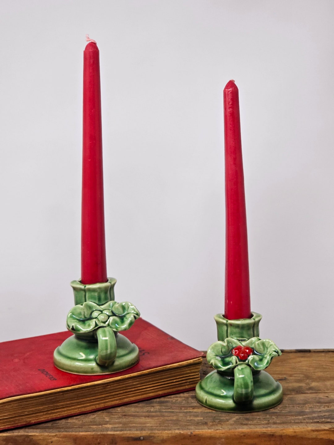 Vintage Ceramic Holly Candle Holder Set Etsy