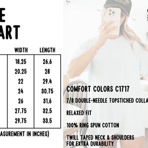 May include: White t-shirt with a size chart showing width and length measurements in inches. The chart includes sizes S to 4XL. Additional text includes "Comfort Colors C1717", "Relaxed Fit", and "100% Ring Spun Cotton".