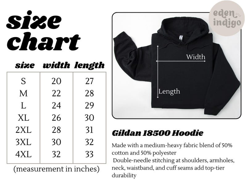May include: Black Gildan 18500 hoodie with a size chart showing measurements in inches. The chart lists sizes S to 4XL, with widths from 20 to 32 inches and lengths from 27 to 33 inches. The hoodie has a hood and is made of a cotton and polyester blend.