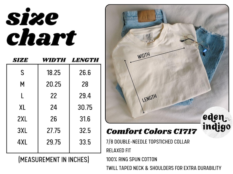 K&ouml;nnte beinhalten: Gr&ouml;&szlig;entabelle f&uuml;r ein T-Shirt mit Ma&szlig;en in Zoll. Die Tabelle zeigt die Breite und L&auml;nge des T-Shirts in den Gr&ouml;&szlig;en S bis 4XL. Das T-Shirt wird von Comfort Colors hergestellt und hat eine lockere Passform mit einem 7/8-Doppelnahtkragen. Das T-Shirt besteht aus 100% Ringspinn-Baumwolle mit einem Gewebetape an Hals und Schultern f&uuml;r zus&auml;tzliche Strapazierf&auml;higkeit.