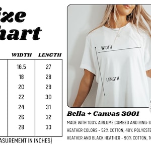 Op de afbeelding: Maattabel voor Bella + Canvas 3001 T-shirts, met breedte- en lengtemaat in inches voor maten XS tot 3XL. Gemaakt van 100% airlume gekamd en ringgesponnen katoen. Heather kleuren zijn 52% katoen, 48% polyester. Athletic heather en black heather zijn 90% katoen, 10% polyester.