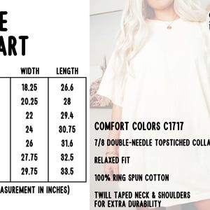 Peut inclure: T-shirt cr&egrave;me avec un tableau des tailles et des d&eacute;tails du produit. Le tableau des tailles indique les mesures en pouces pour les tailles S &agrave; 4XL. Le texte comprend "COMFORT COLORS C1717", "RELAXED FIT" et "100% RING SPUN COTTON".