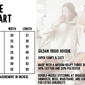 May include: Cream-colored Gildan 18500 hoodie with a size chart. The chart shows sizes S to 4XL, with widths from 20 to 32 inches and lengths from 27 to 33 inches. The hoodie is made of a cotton and polyester blend.