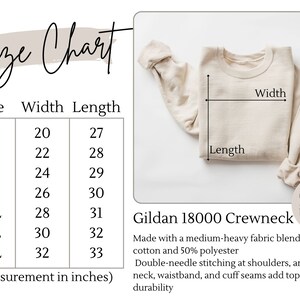 May include: A beige Gildan 18000 crewneck sweatshirt with a size chart showing measurements in inches. The chart lists sizes S to 4XL, with widths from 20 to 32 inches and lengths from 27 to 33 inches. The sweatshirt is made of a cotton and polyester blend.