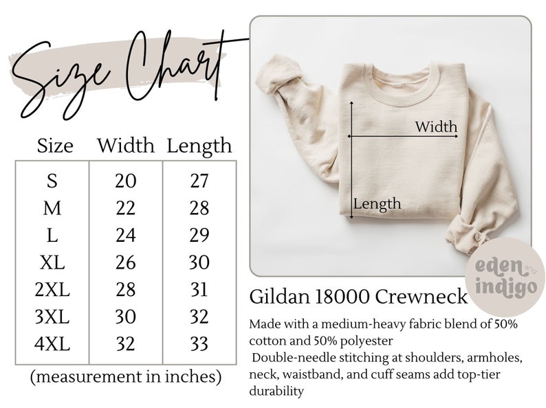 May include: A beige Gildan 18000 crewneck sweatshirt with a size chart showing measurements in inches. The chart lists sizes S to 4XL, with widths from 20 to 32 inches and lengths from 27 to 33 inches. The sweatshirt is made of a cotton and polyester blend.