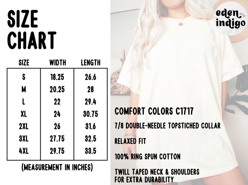 K&ouml;nnte beinhalten: Cremefarbenes T-Shirt mit Gr&ouml;&szlig;entabelle und Produktdetails. Die Gr&ouml;&szlig;entabelle zeigt Ma&szlig;e in Zoll f&uuml;r die Gr&ouml;&szlig;en S bis 4XL. Zus&auml;tzlicher Text enth&auml;lt "Comfort Colors C1717", "Relaxed Fit" und "100% Ring Spun Cotton".