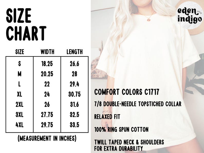 Pode incluir: T-shirt creme com tabela de tamanhos e detalhes do produto. A tabela de tamanhos mostra medidas em polegadas para os tamanhos S a 4XL. O texto adicional inclui "COMFORT COLORS C1717", "RELAXED FIT" e "100% RING SPUN COTTON".