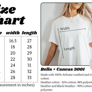 May include: Size chart for Bella + Canvas 3001 t-shirts, showing measurements in inches for XS to 3XL sizes. The chart includes width and length measurements for each size.