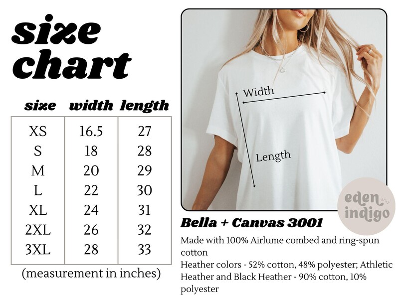 May include: Size chart for Bella + Canvas 3001 t-shirts, showing measurements in inches for XS to 3XL sizes. The chart includes width and length measurements for each size.