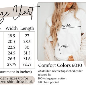 May include: Size chart for a t-shirt with measurements in inches for sizes S through 3XL. The chart shows width and length measurements. The text "Comfort Colors 6030" is visible, along with the text "eden indigo".