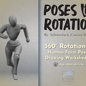 Può includere: Un modello 3D grigio di una persona che corre, utilizzato per esercitarsi nel disegno. L'immagine fa parte di un set di Fogli di lavoro di disegno di posa di forma umana rotatoria a 360°, adatti per bambini dai 6 anni in su. Il testo "POSES in ROTATION" e "By Adirondack Canvas Studio" è visibile sull'immagine.