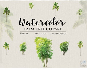 May include: Watercolor palm tree clipart in various sizes and styles, featuring lush green foliage and slender trunks. The image includes the text "Watercolor Palm Tree Clipart" and details about the image resolution and format.