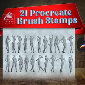 Könnte beinhalten: 21 Procreate Pinsel-Stempel mit grauen weiblichen Figuren in verschiedenen Posen. Die Stempel sind für digitale Kunst und Illustrationen konzipiert.