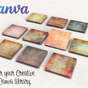 Może przedstawiać: Dziesięć cyfrowych tekstur papieru w różnych odcieniach brązu, żółtego, zielonego i niebieskiego. Tekstury są ułożone w przesuniętym wzorze na białym tle. Tekst "Canva" znajduje się w górnej części obrazu. Tekst "Do Twojej kreatywnej biblioteki Canva." znajduje się w dolnej części obrazu.