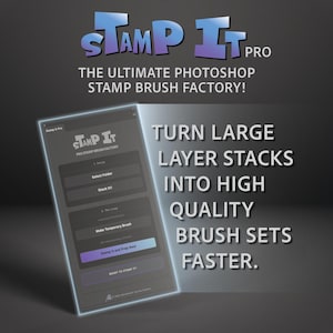 Puede incluir: Gráfico digital promocionando "Stamp It Pro", una fábrica de pinceles de sellos de Photoshop. La imagen presenta una tableta que muestra la interfaz de la aplicación, con el texto "Convierte pilas de capas grandes en conjuntos de pinceles de alta calidad más rápido."