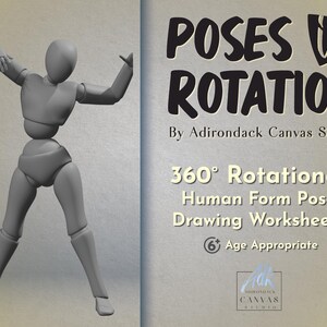 Könnte beinhalten: Ein 360° Rotational Human Form Pose Drawing Worksheets Buch mit einem grauen 3D-Modell einer Person in einer dynamischen Pose auf dem Cover. Das Buch trägt den Titel "Poses in Rotation" und ist von Adirondack Canvas Studio. Das Buch ist für Kinder ab 6 Jahren geeignet.