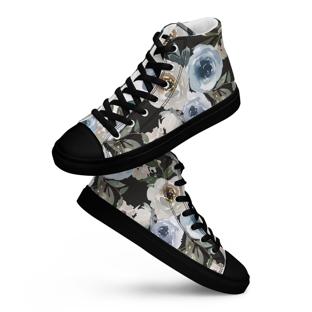 Black White Floral Print Men's Low Top Shoes main image 1