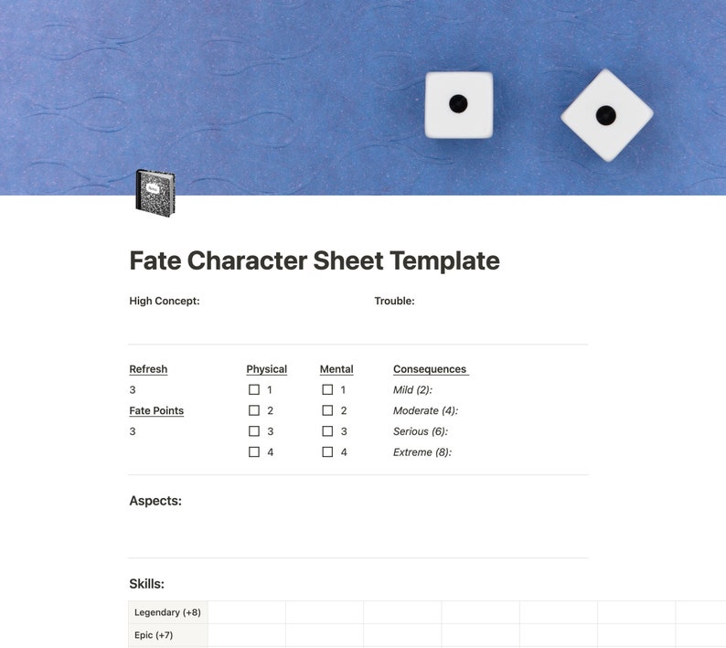 Fillable Fate Core Character Sheet notion Template Etsy Australia